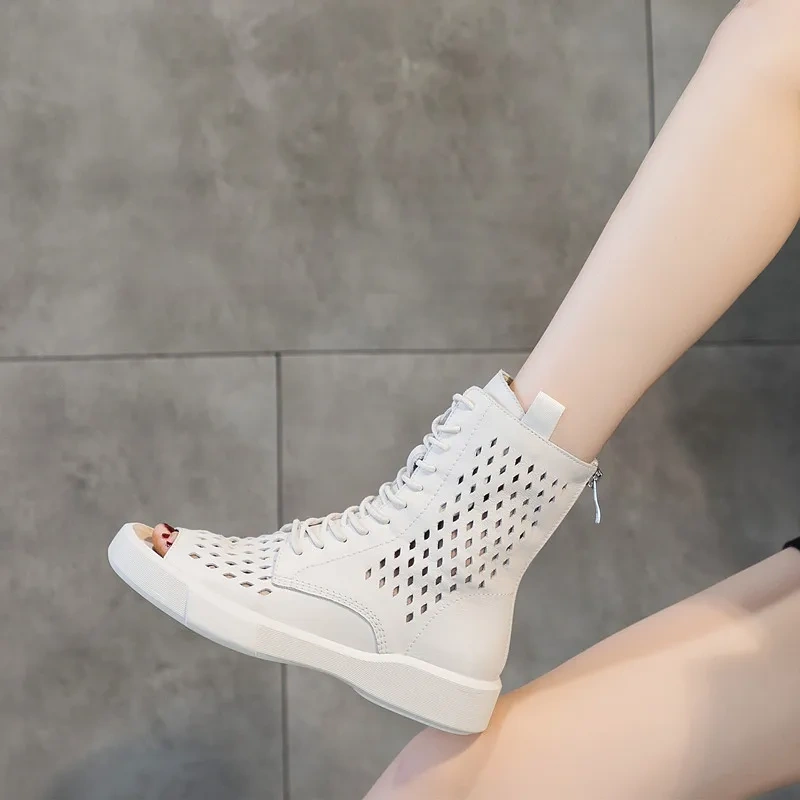 Summer New Fashion Chunky Bottom Peep Toe Cross-tied Hollow Genuine Leather Women Ankle Short Modern Gladiator Boots 2304