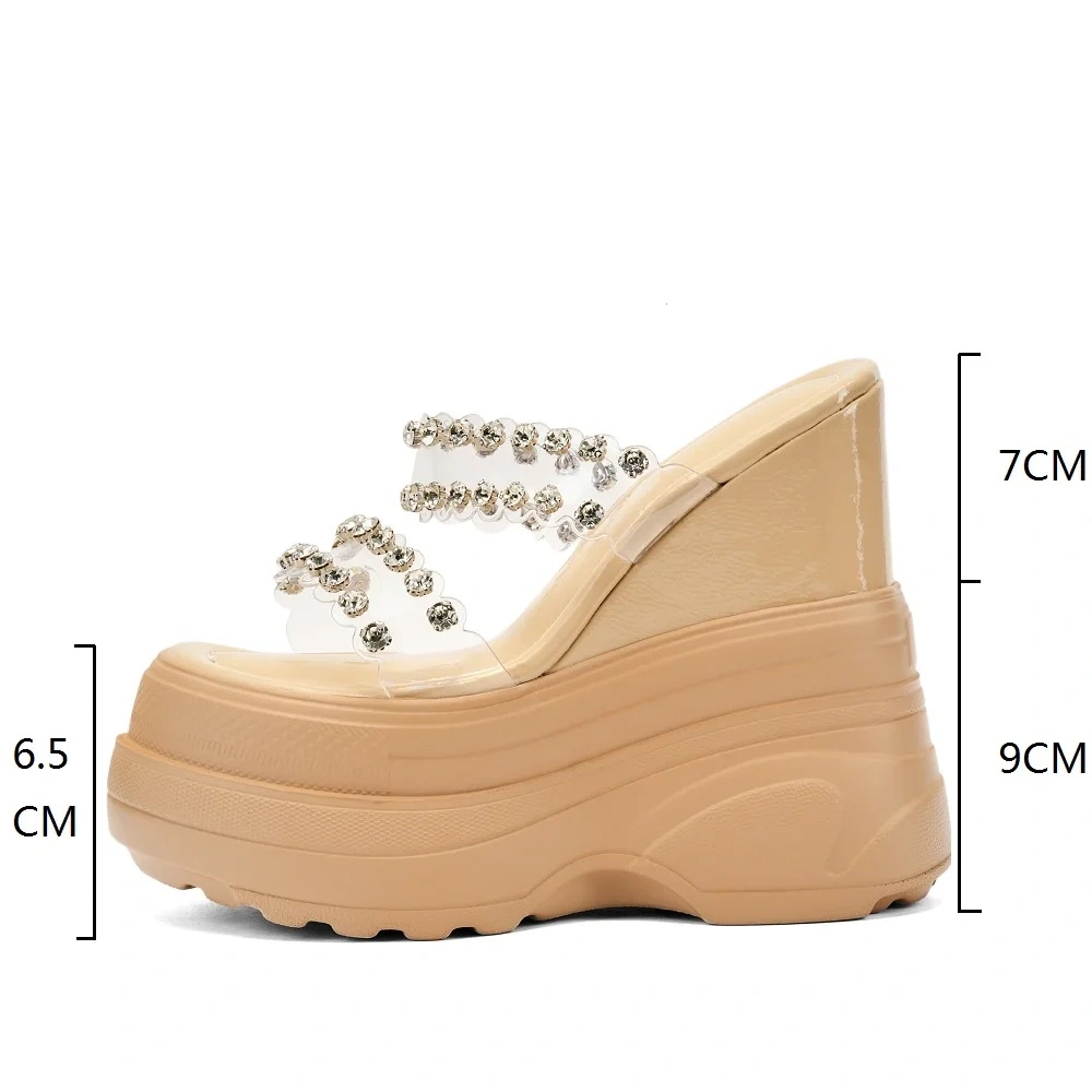 Summer New Slim Height Increasing Platform Peep Toe Cut Out Wedges Crystal Genuine Leather Women  Gladiator Slippers 250527