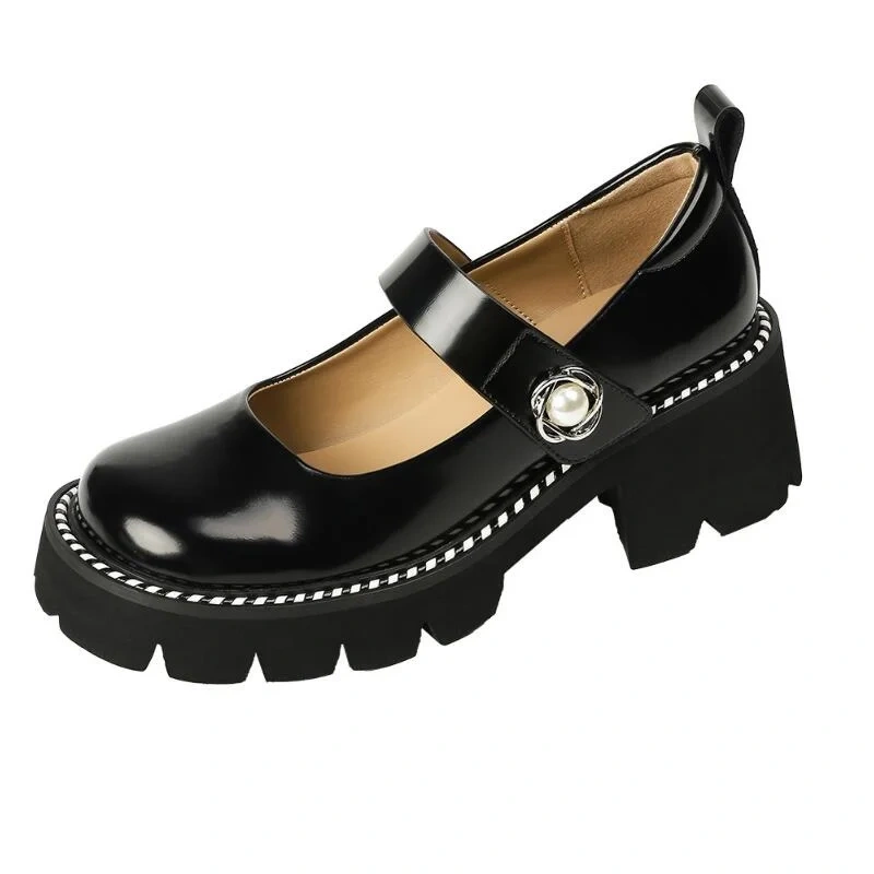 Spring Autumn New British Style Retro Thick High Heels Platform Rhinestone Belt Buckle Patent Leather Women Mary Janes Pumps
