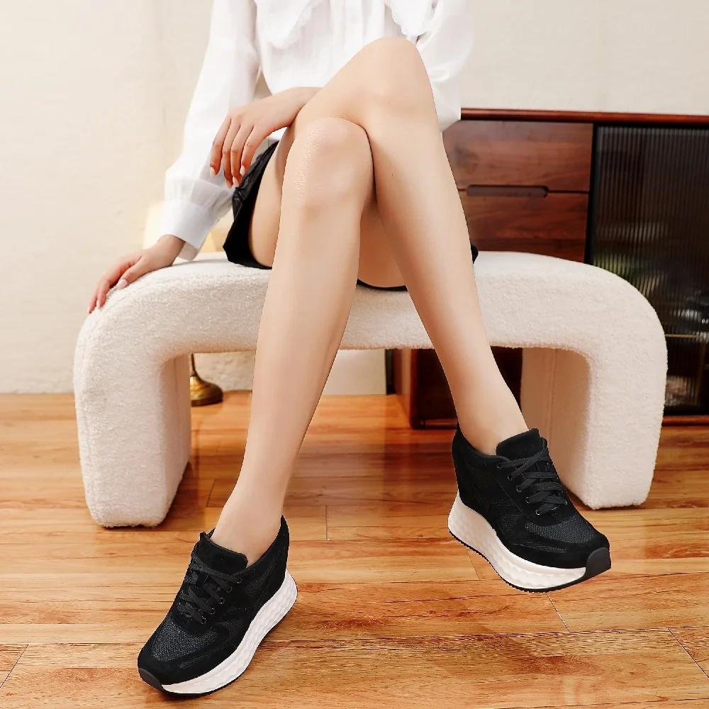 12CM Height Increase Slim Genuine Leather & Mesh Breathable Lace-Up Solid Color Concise Platform Women's Autumn Shoes 50804