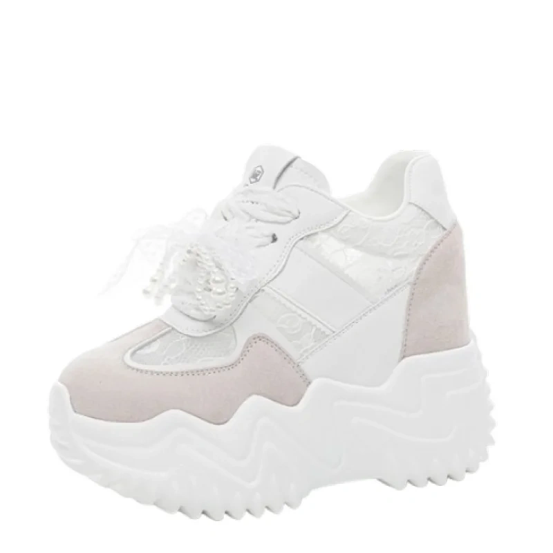 Women's Summer 12 CM Platform Wedge Genuine Leather & Mesh Sneakers Pearl Lace-Up Ribbon Ankle Strap Shoes 50523