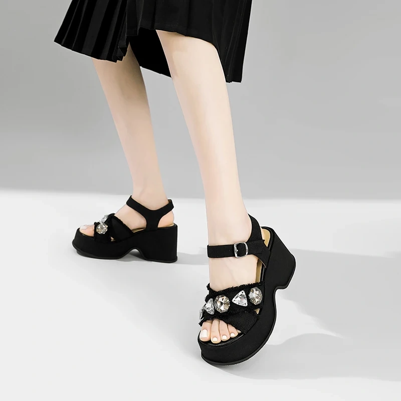 Women's Summer New Slim 9 CM Chunky Heel Denim Crystals Buckle Strappy Open Toe Platform Sandals 50609