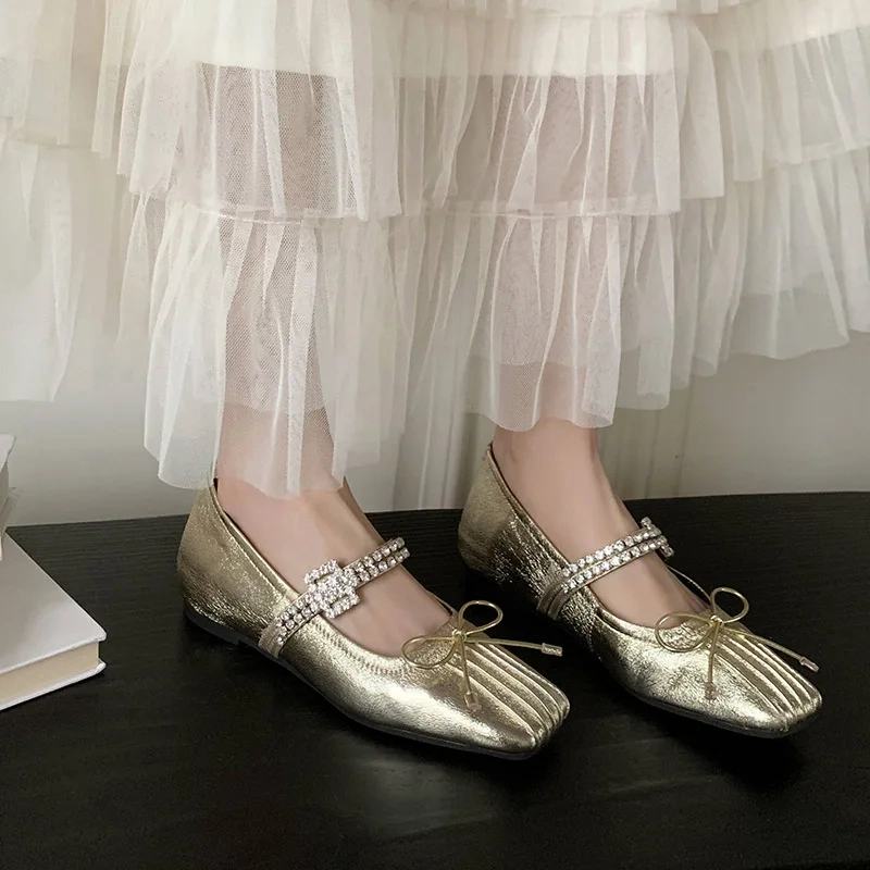 Women's New Summer/Autumn Bright Color Genuine Leather Ruched Crystals Bowknot One-Strap Shallow Mouth Fashion Casual Shoes50727