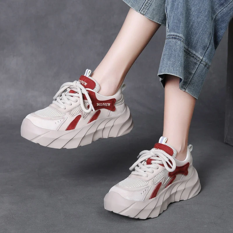 Women's Spring Summer Slim Fit 5 CM Thick Sole Genuine Leather & Mesh Patchwork Cross Lace-Up Casual Flat Shoes 50602