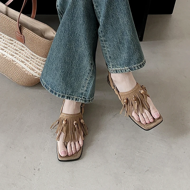 Women's Summer New 3CM Square Heel Suede Flip Flop Square Toe Hook & Loop Fringe Bead Backless Bohemian Gladiator Sandals 50619