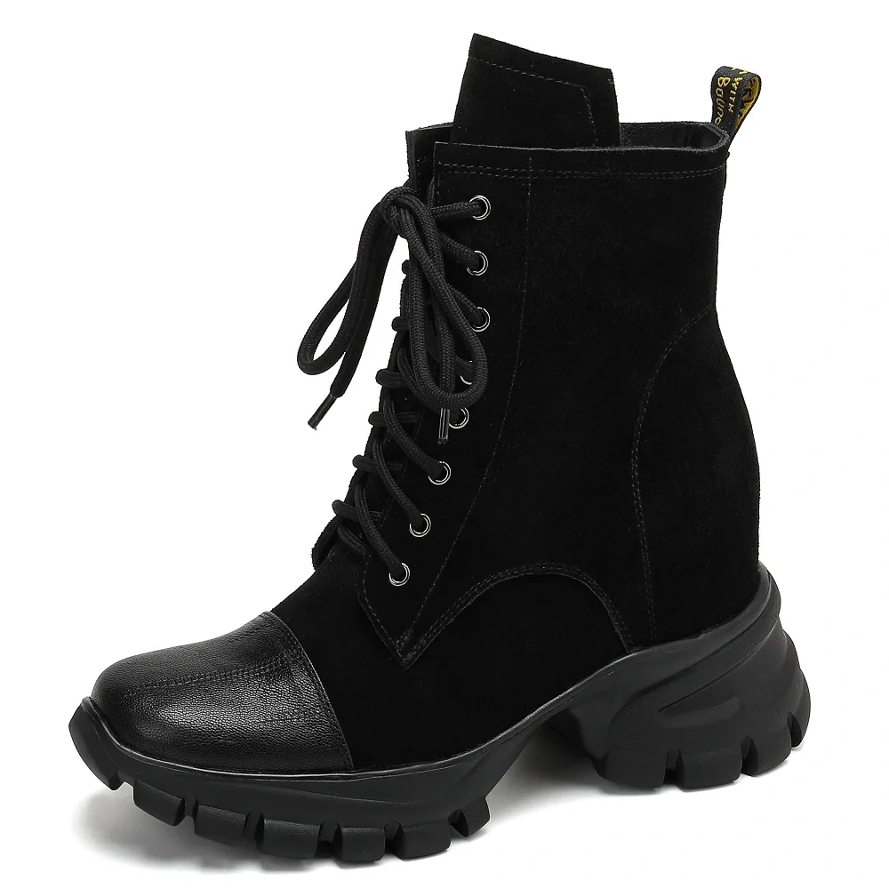 Suede Genuine Leather 10CM Platform Inner Heightening Lace-Up Side Zipper New Solid Color Concise Slim Retro Ankle Boots 50930