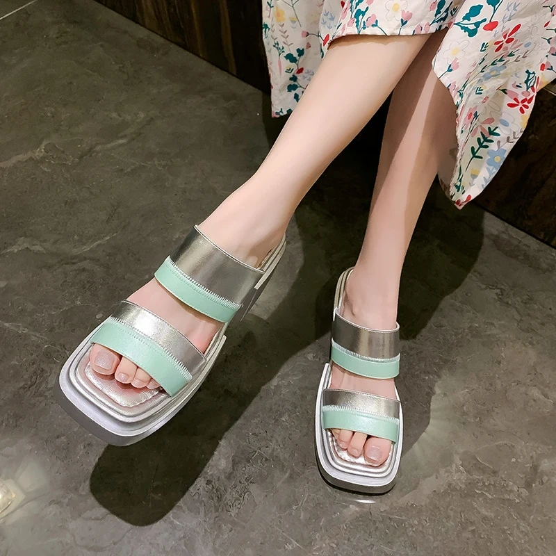Women's Summer New Slimming 9 CM Chunky Heel Genuine Leather Color Block Platform Peep Toe Square Toe Gladiator Slippers 50610