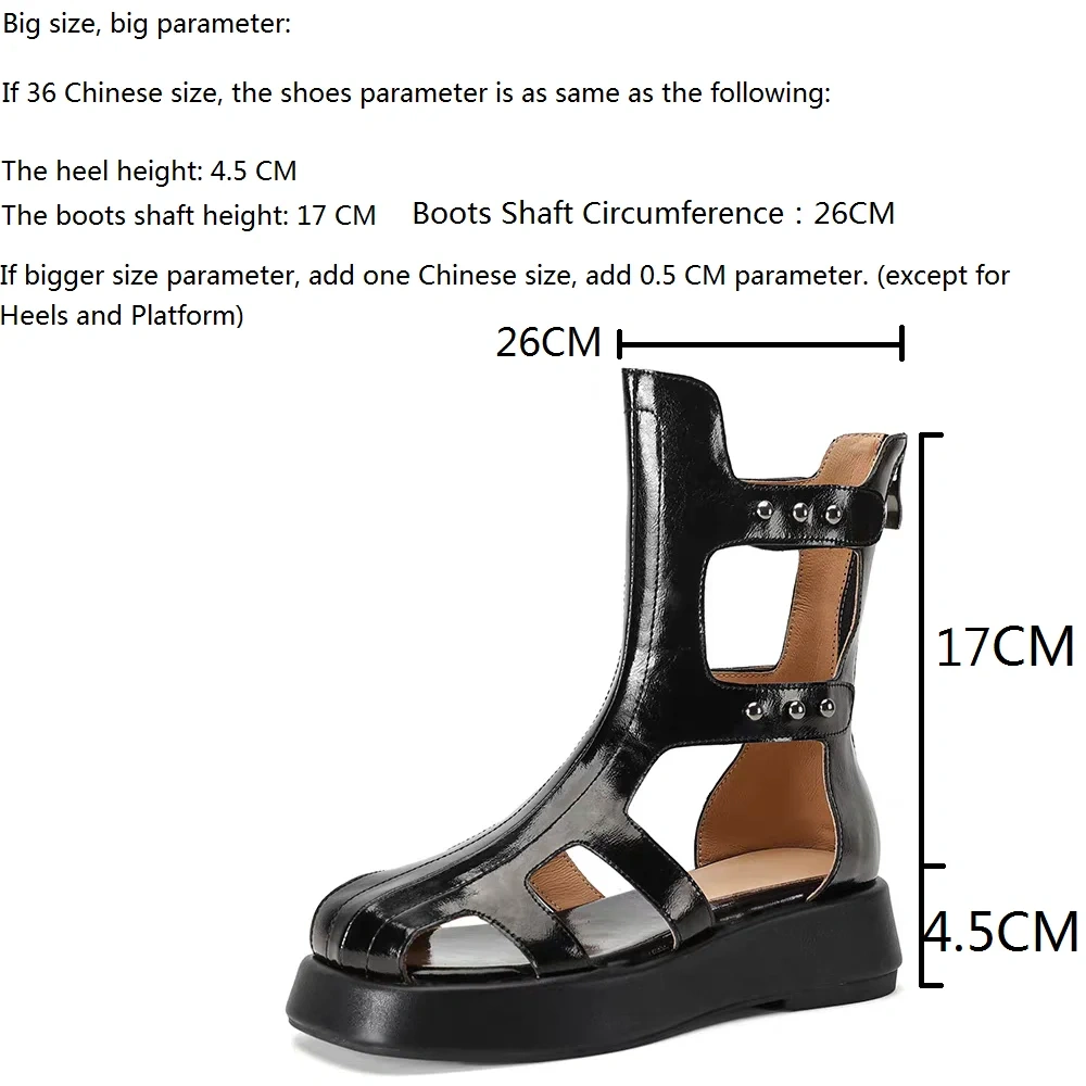 Women's Summer New Slim 4.5 CM Thick Sole Leather Platform Cut-Out Bling Rivets Gladiator Ankle Boots 50605