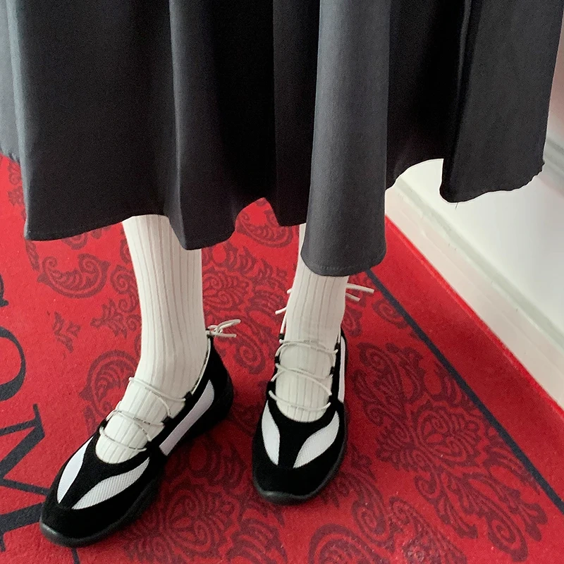 Women's Spring Summer New Slim 4.5 CM Thick Sole Genuine Leather Mesh Shallow Mouth Round Toe Cords-Tied Casual Flats 50611