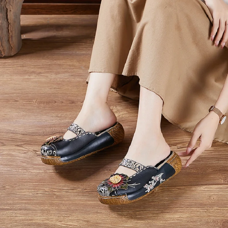 Women's Summer New Slim Fit 5 CM High Heel Genuine Leather Floral Print Closed Toe Retro Handmade Wedge Platform Slippers 50530