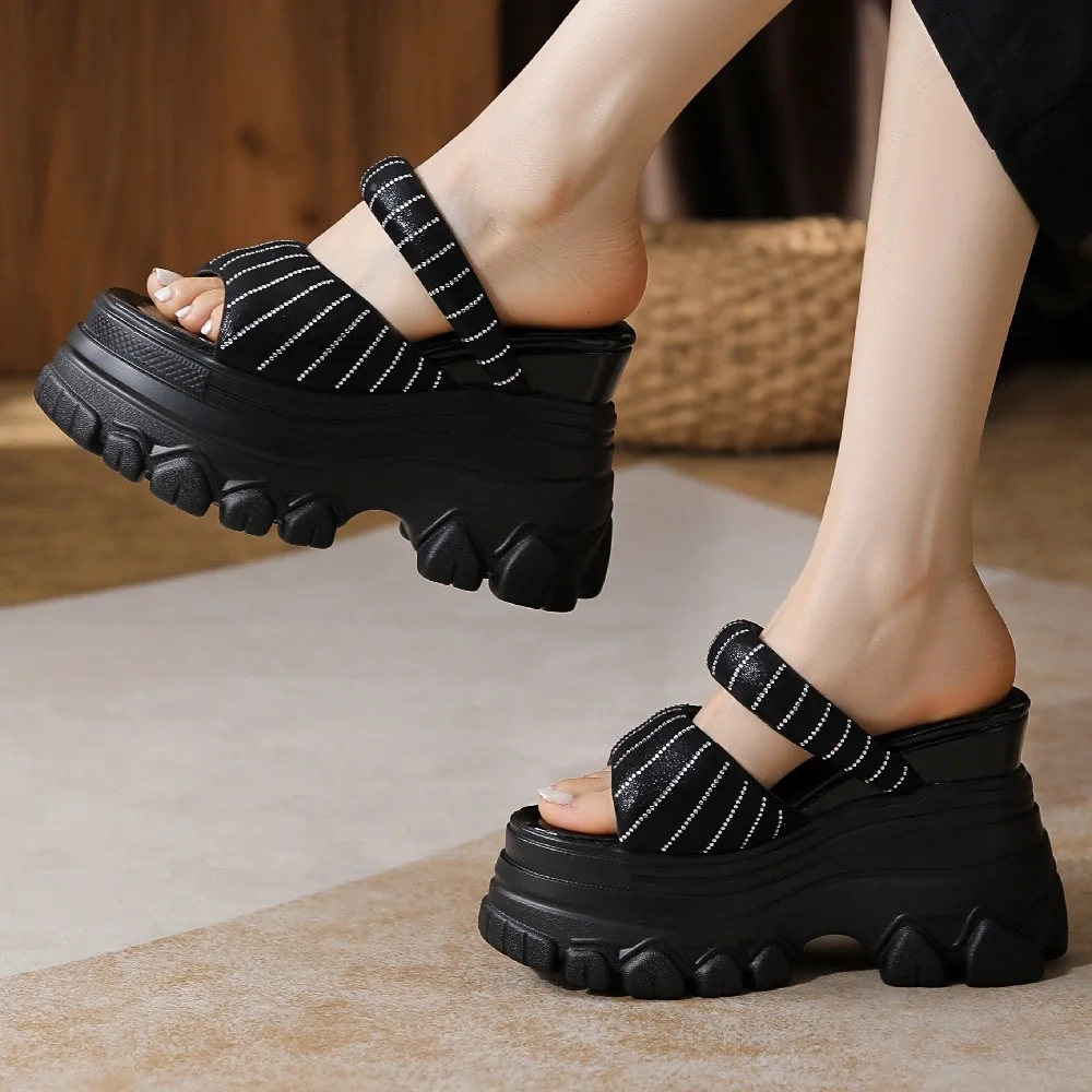 Summer New Outside Fashion 12CM Super High Heels Wedges Platform Peep Toe Crystal Sequined Cloth Women Modern Rome Slippers 2405