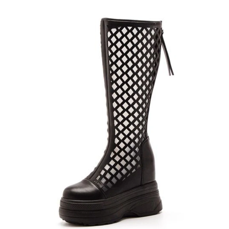 Women's Summer Slim 12 CM Hidden Height Genuine Leather Cut Out Breathable Platform Beige Zipper Knee High Boots 50606