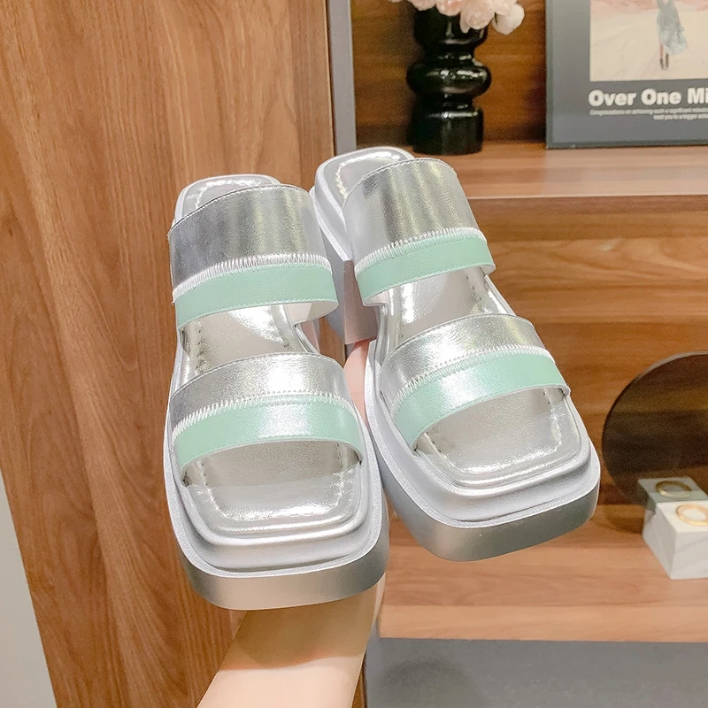 Women's Summer New Slimming 9 CM Chunky Heel Genuine Leather Color Block Platform Peep Toe Square Toe Gladiator Slippers 50610