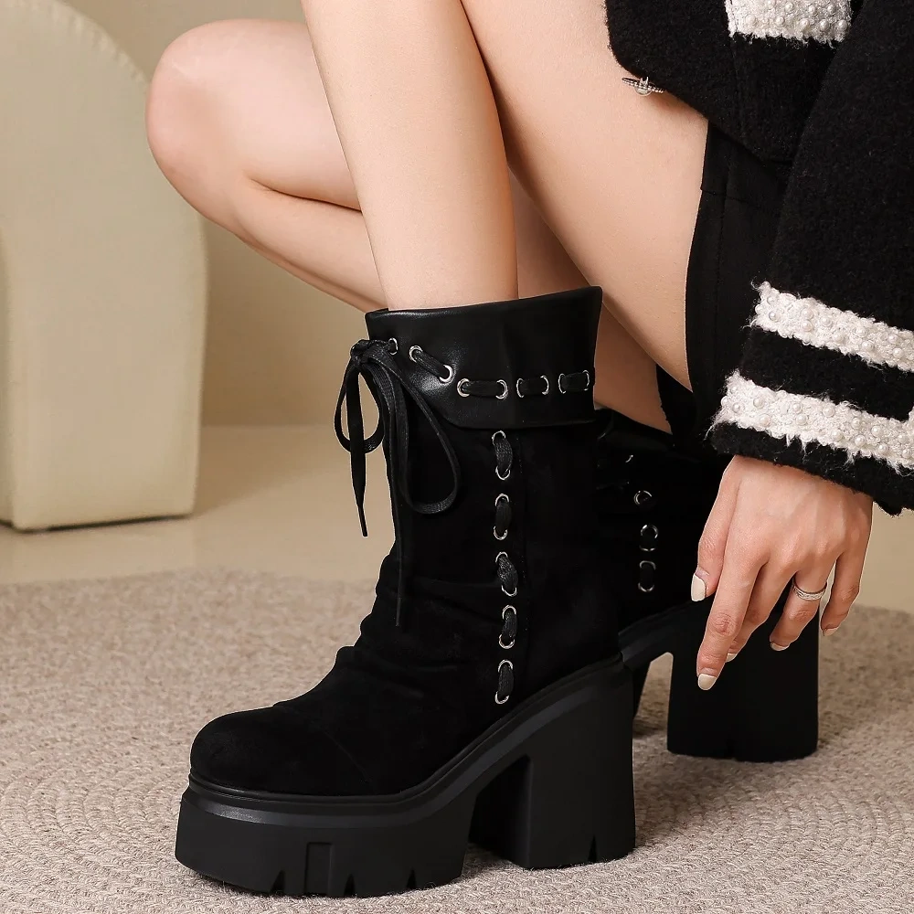 Black Concise Slimming Height Increasing Short Boots 12CM Block Heel Suede Elastic Fabric Platform Platform Slip On Boots 50924
