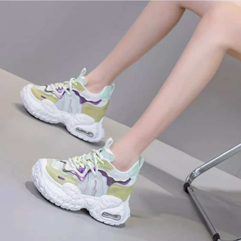 Women's Summer 12 CM Platform Genuine Leather & Mesh Breathable Upper Purple Sneakers Color Block Lace-Up Green Shoes 50524