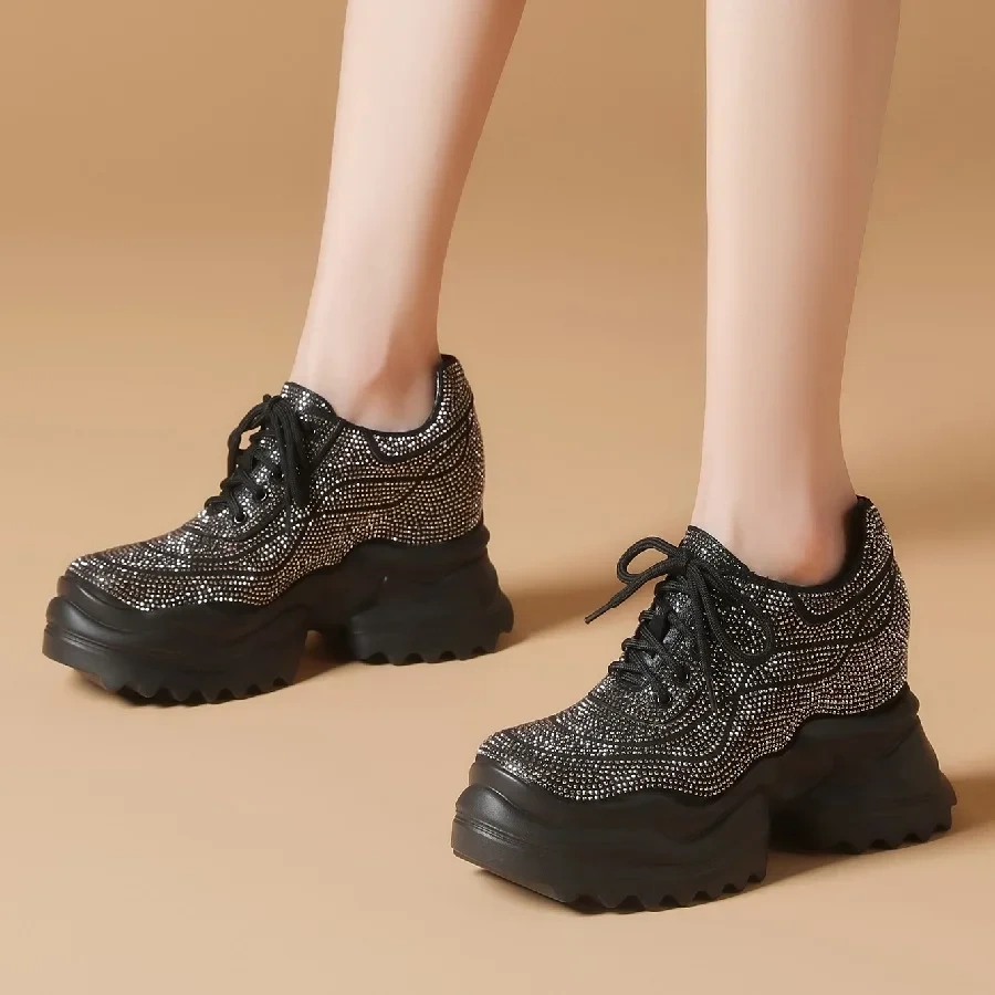 Spring Autumn New Korean Style Sexy Height Increasing Platform Cross-tied Crystal Genuine Leather Women Casual Shoes Sneakers