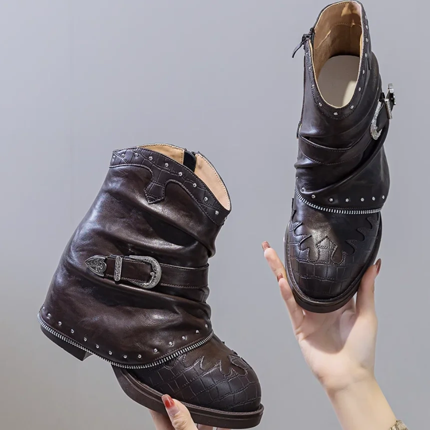 Punk 11CM Inner Height Increasing Real Leather Rivets Belt Buckle Pointed Toe Street Style Autumn Winter Women's Boots 51014
