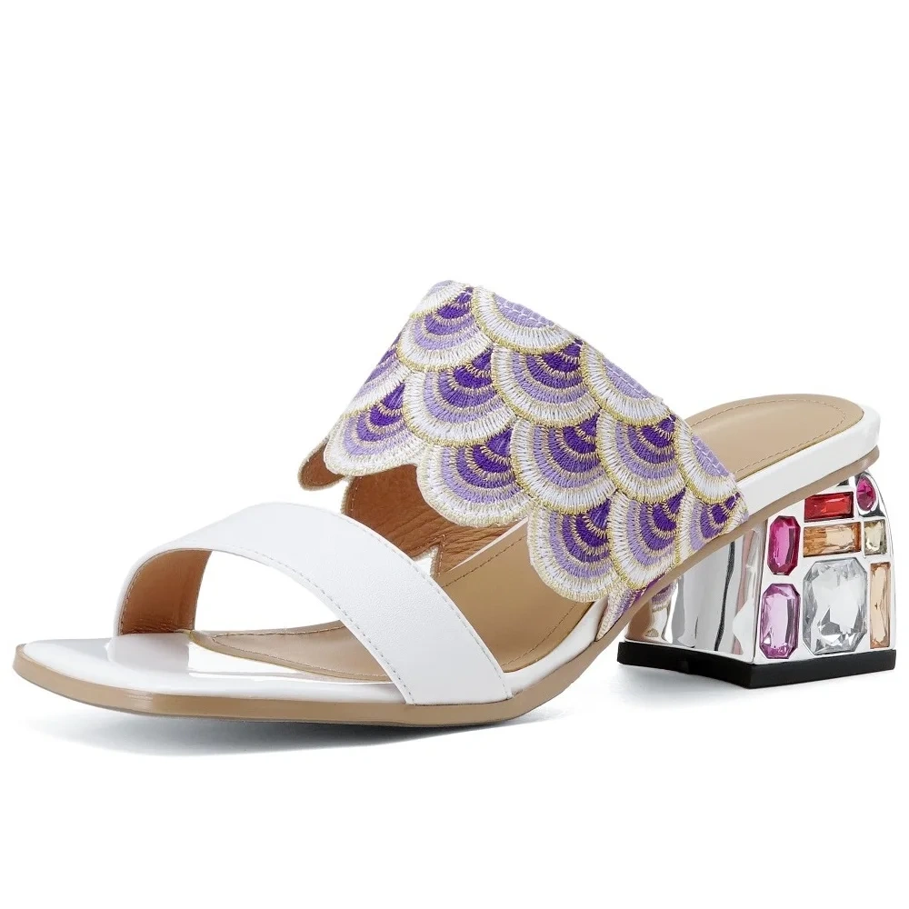 Women's Summer New Slim 5 CM Chunky Heel Genuine Leather Ethnic Embroidered Open-Toe Crystals Gladiator Plus Size Slippers 50623