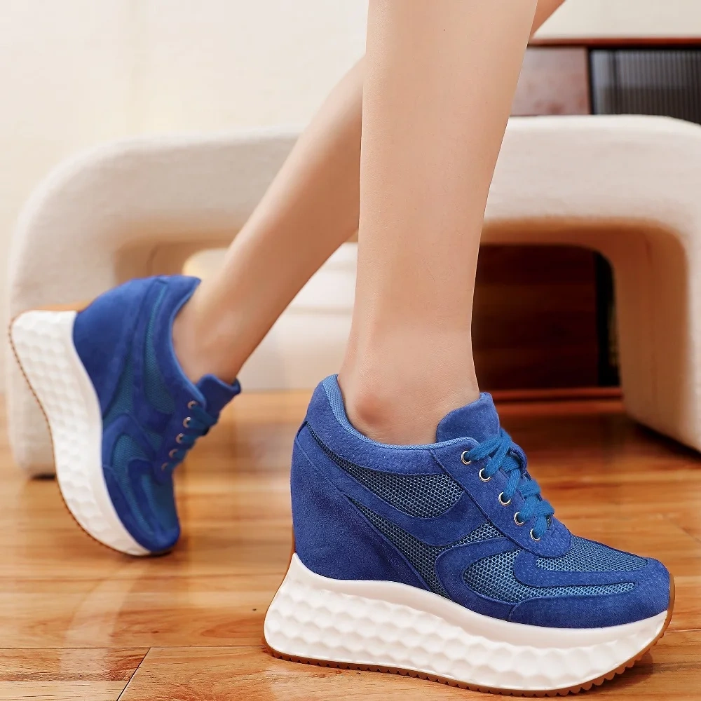 12CM Height Increase Slim Genuine Leather & Mesh Breathable Lace-Up Solid Color Concise Platform Women's Autumn Shoes 50804
