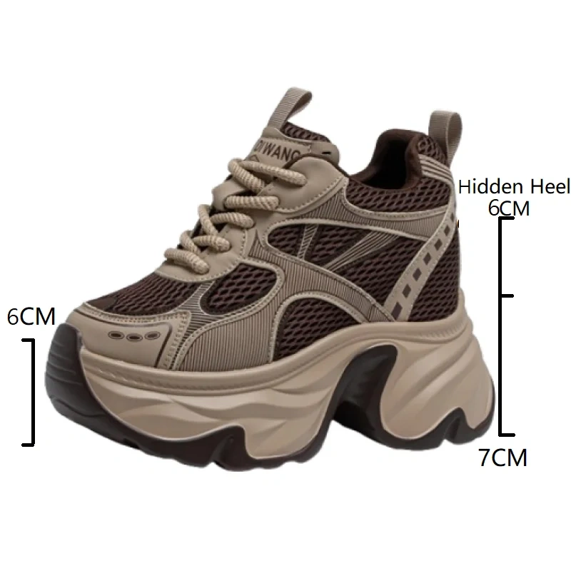 13CM Casual Women's Spring Autumn New Hidden Heel Lace Up Concise Platform Genuine Leather Versatile Mesh Khaki Shoes 51008