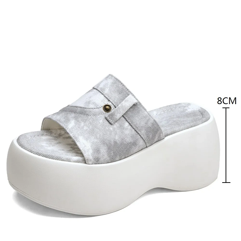Women's Summer New Fashion Slim 8 CM Thick Sole Color-Blocked Fabric Platform Open-Toe Slingbacks Slip On Concise Slides 50613