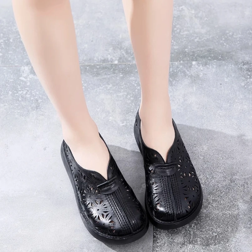 Women's Summer New Slim Wedge Genuine Leather Cut-Out Slip On Platform Soft-Soled Closed-Toe Bohemian Vintage Sandals 50624