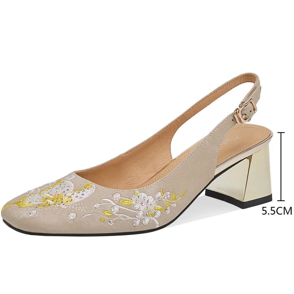 Women's Summer New Slim 5.5 CM Block Heel Genuine Leather Embroidered Crystals Buckle Strappy Open Back Square Toe Pumps 50619