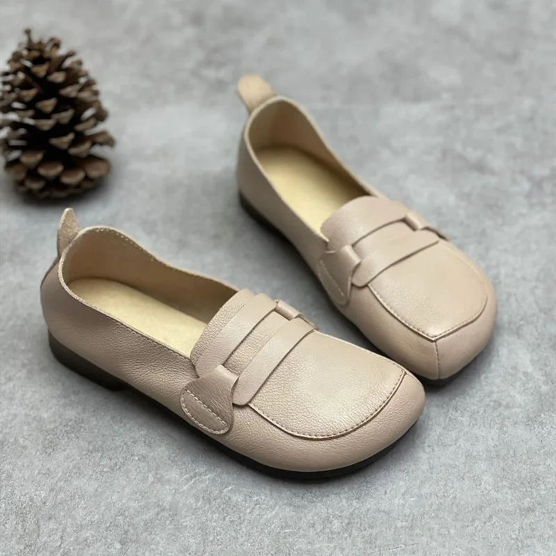 Spring Autumn New British Style Retro Flat Bottom Square Toe Shallow Slip-On Genuine Leather Women Casual Loafers Sneakers 2312