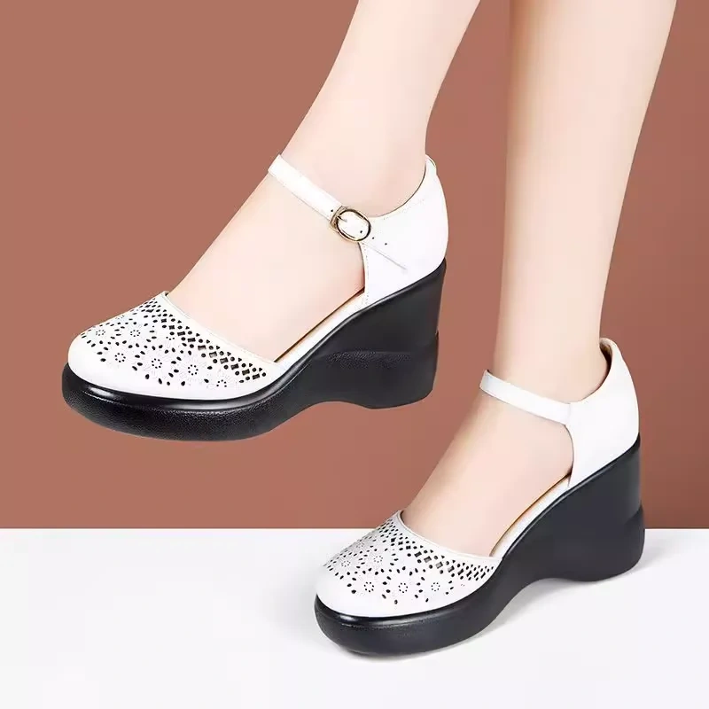 Women's Summer New Slim Leather Cut Out Wedge Round Toe Platform Shallow Mouth Ankle Strap Buckle Casual Gladiator Sandals 50709