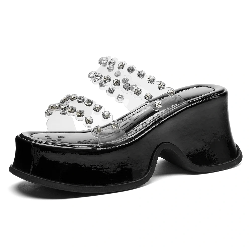 Women's Summer Fashion 9 CM Thick Sole Transparent Strap Slippers Rhinestone Chunky Heel Pink Sandals 50517