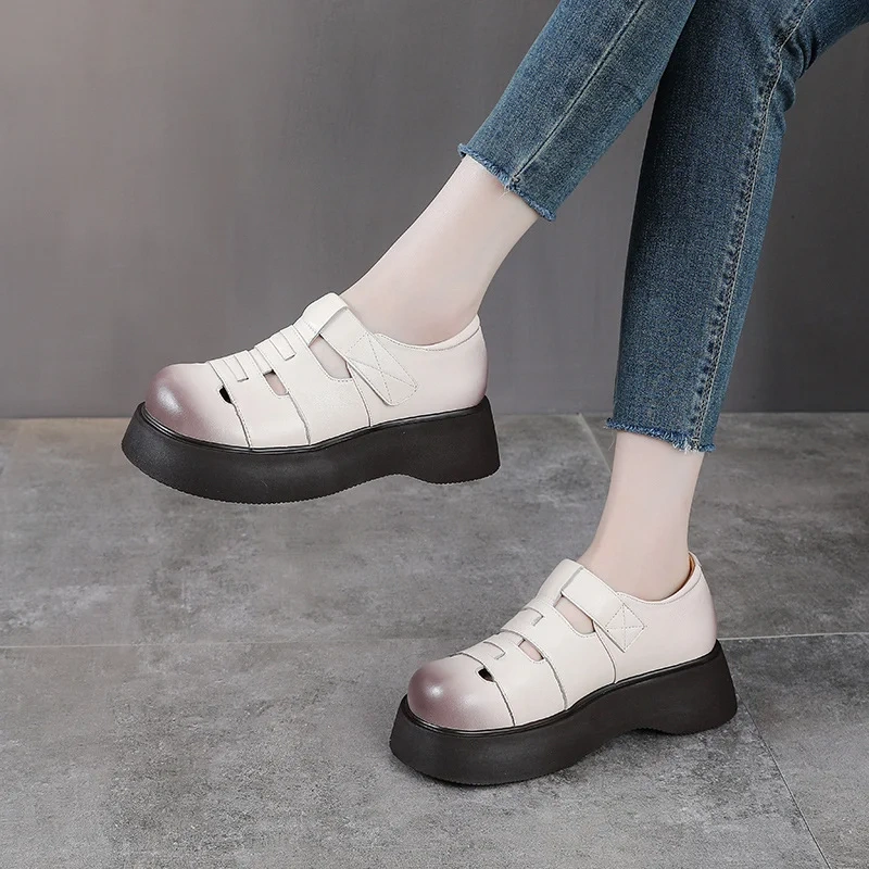 Women's Spring Summer Slim 4.5CM Thick Sole Round-Toe Genuine Leather Platform Hook&Loop Cutout Strappy Roman Sandals 50707