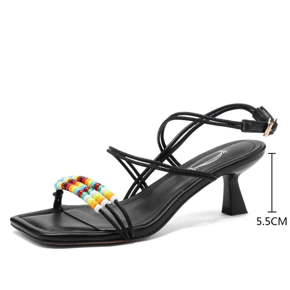 Women's Summer Fashion 5.5 CM Slim Thin Heel Genuine Leather Open Toe Backless Ankle Strap Beaded Buckle Gladiator Sandals 50620