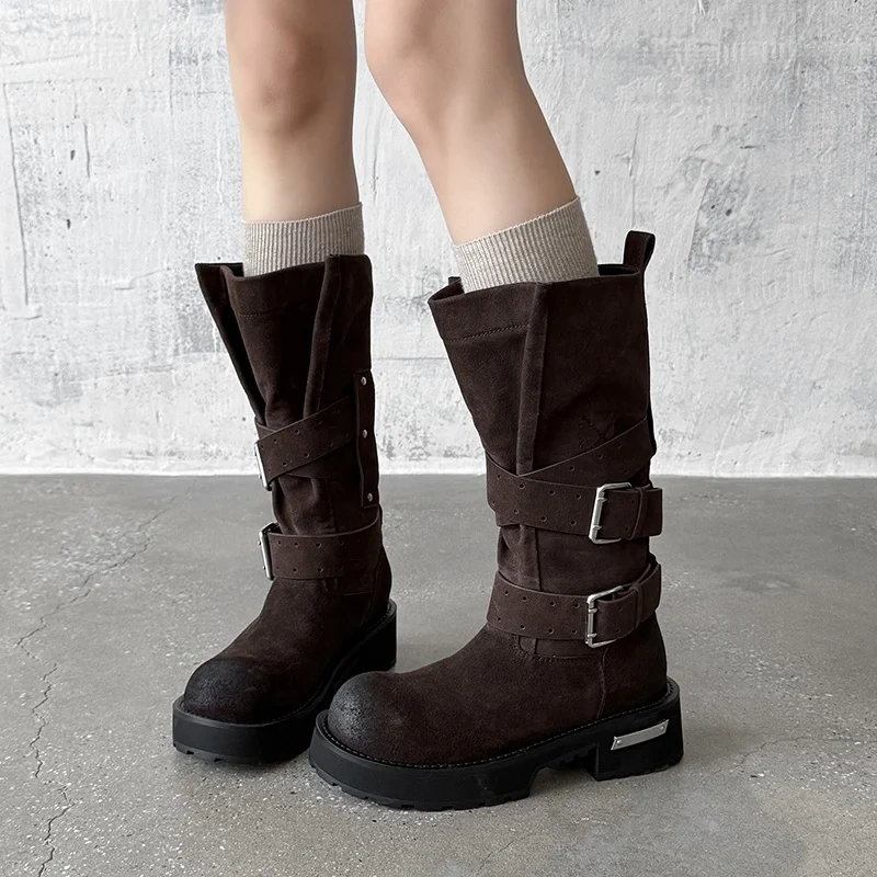 Women's Autumn Winter New Cow Suede 7.5CM Block Heel Hidden Wedge Retro Round Toe Platform Punk Style Buckle Half Boots 50830