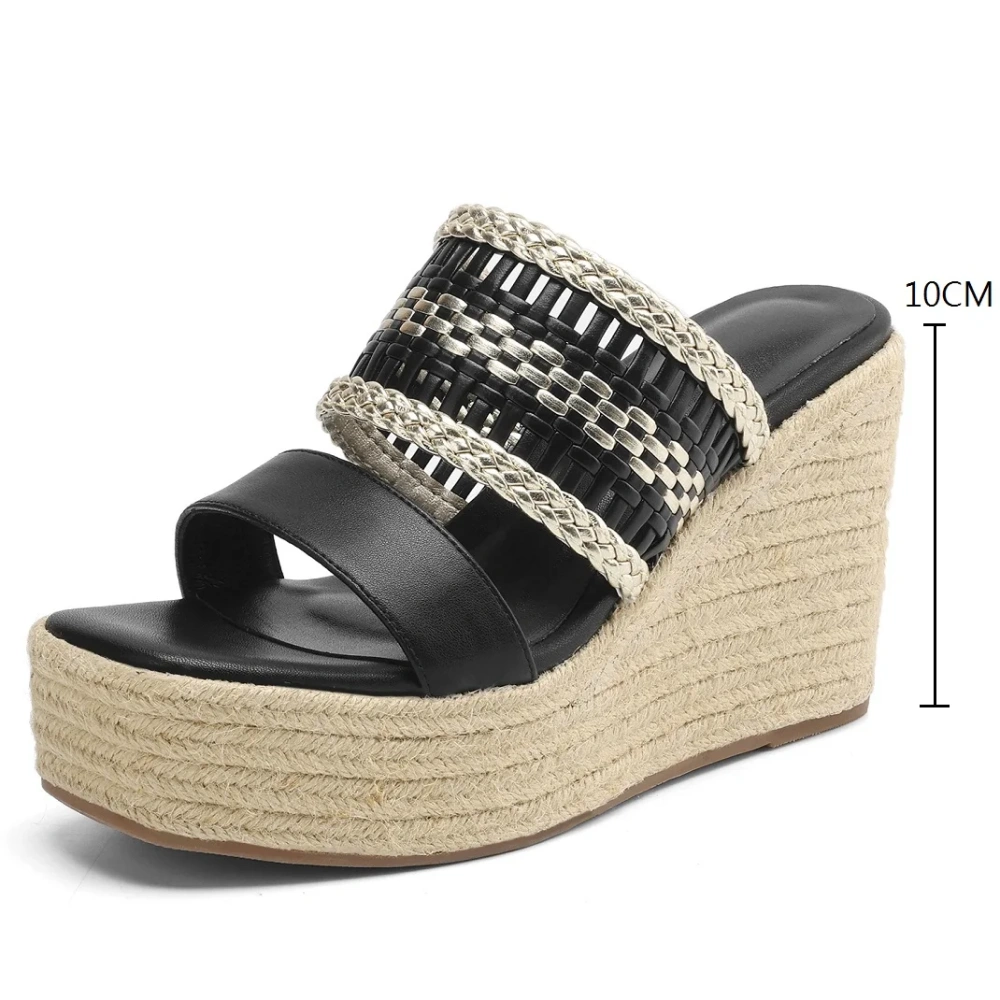 Women's Summer New Genuine Leather Slim Fit 10 CM Height Increasing Woven Peep-Toe Platform Color Blocking Wedge Slippers 50616
