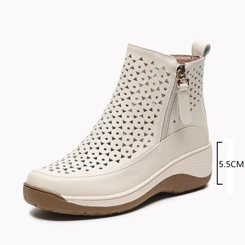 Women's Spring Summer Slim 5.5 CM Height Increasing Genuine Leather Cut Out Wedge Platform Zipper Breathable Ankle Boots 50604