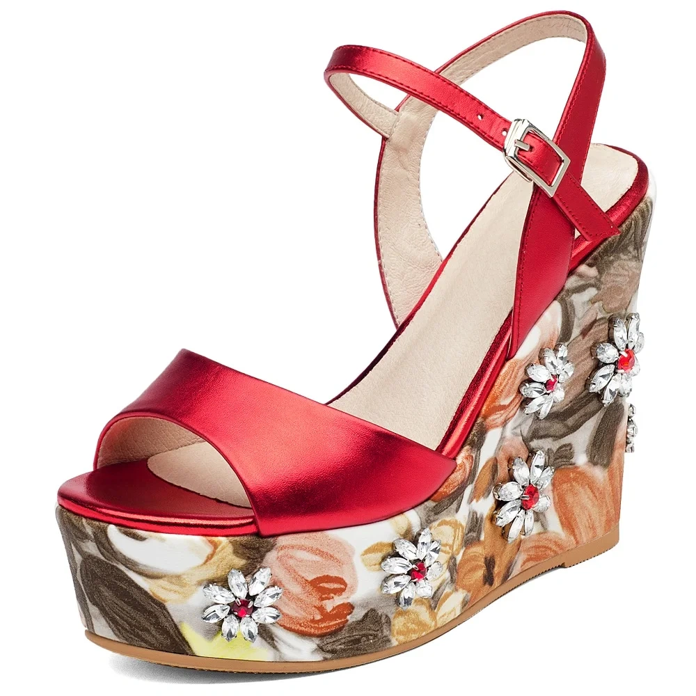 Women's Summer Slim 12.5 CM Wedge Heel Genuine Leather Printed Peep Toe Ankle Strap Open Back Platform Gladiator Sandals 50610