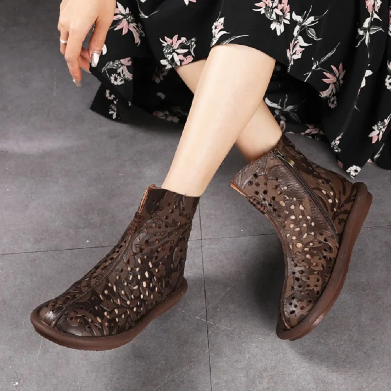 Summer New National Style Retro Chunky Sole Hollow Woven Brogue Zipper Genuine Leather Women Ankle High Top Knight Boots 2404