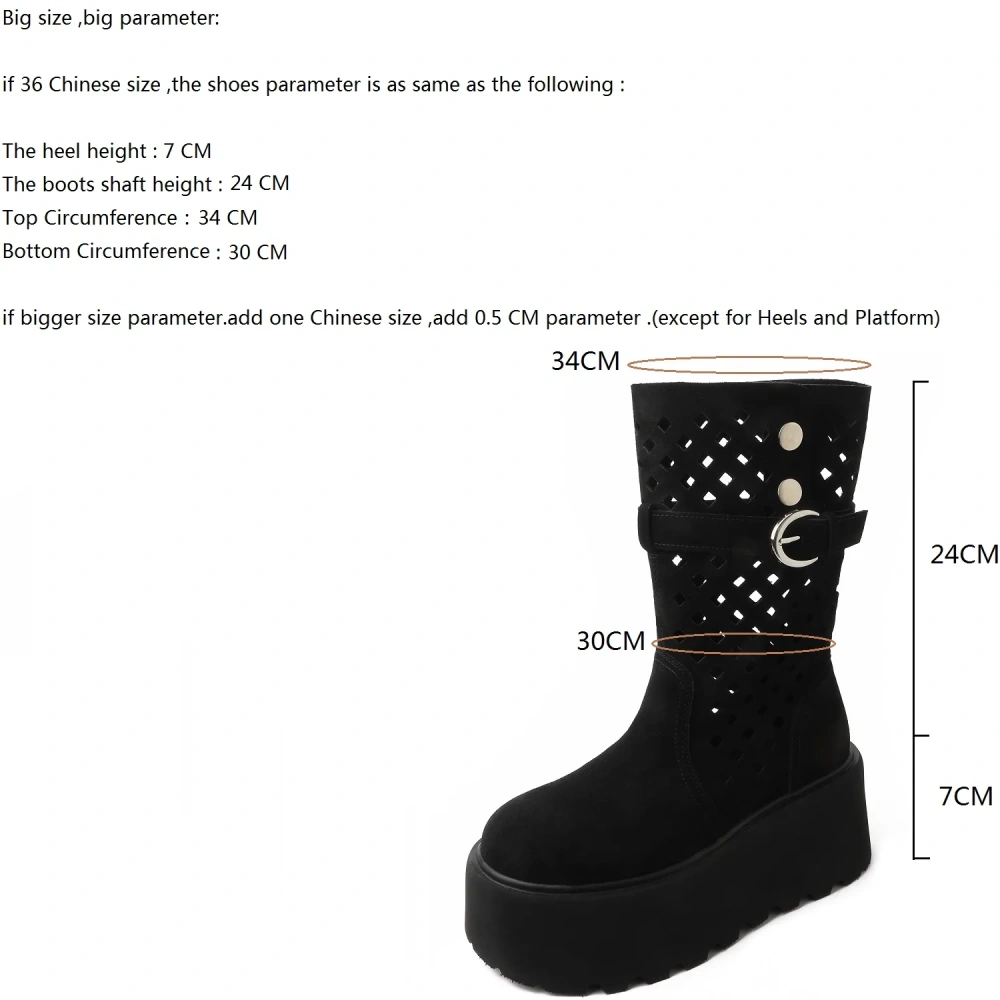 Women's Spring Autumn Fashion 7 CM Thick Sole Cow Suede Cut Out Belt Buckle Rivets Korean Style Slip On Mid-Calf Boots 50618