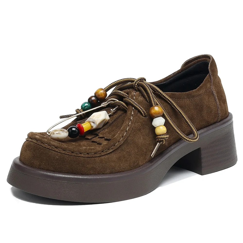 Women's Autumn New Cow Suede Retro Round-Toe Beaded Tassel 5.5CM Block Heel Slip-On Solid Color Casual Comfortable Shoes 50829