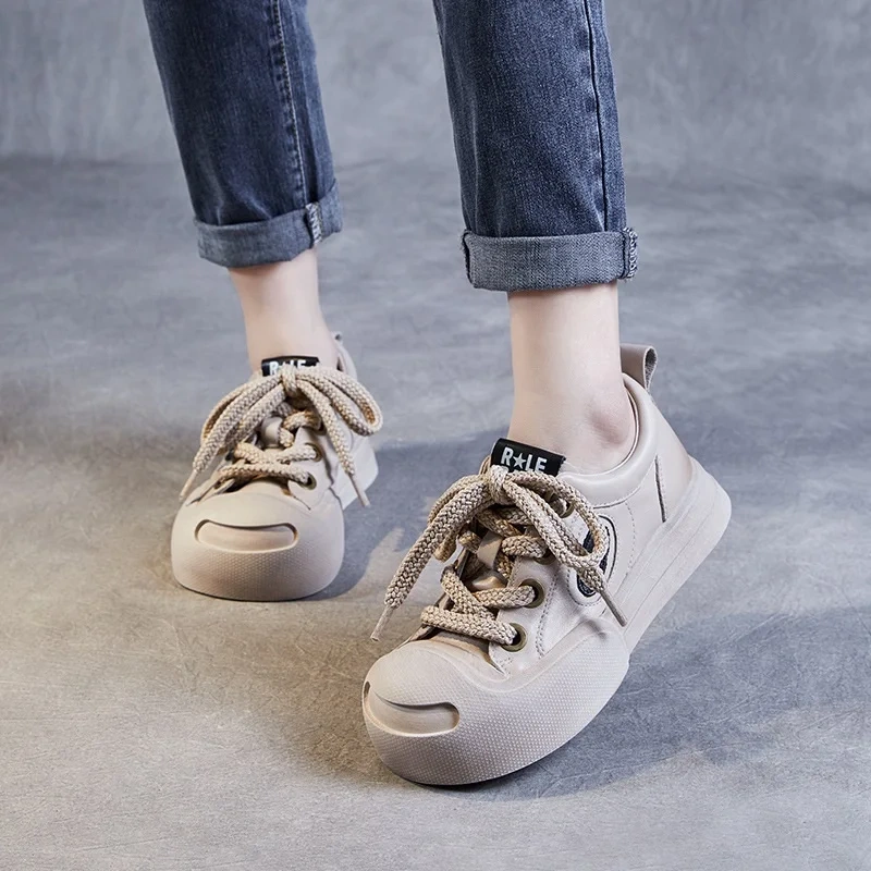 Spring Autumn New Korean Style Leisure Chunky Bottom Platform Lace-Up Genuine Leather Women Casual Board Shoes Ladies Flats 2401