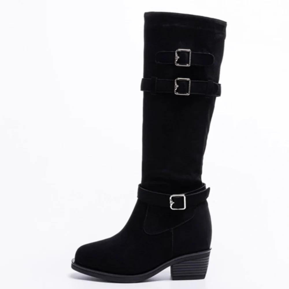 Genuine Cow Suede Leather Buckle Boots Autumn Winter New 11 CM Block Heel Retro Maillard Style Versatile Women's Long Boots51025
