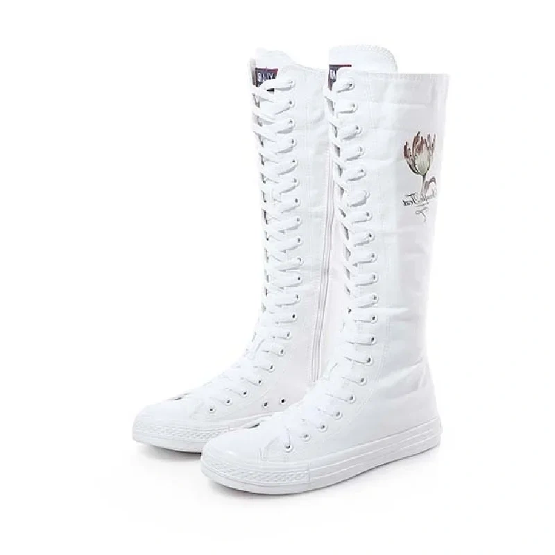 Women Dance Shoes Korean Style Slim Cross-tied Flowers Zipper Plus Size 42 43 Canvas Ladies Knee-High Long Equestrian Boots 2301