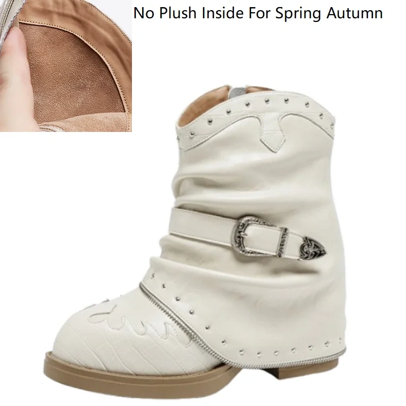 Punk 11CM Inner Height Increasing Real Leather Rivets Belt Buckle Pointed Toe Street Style Autumn Winter Women's Boots 51014