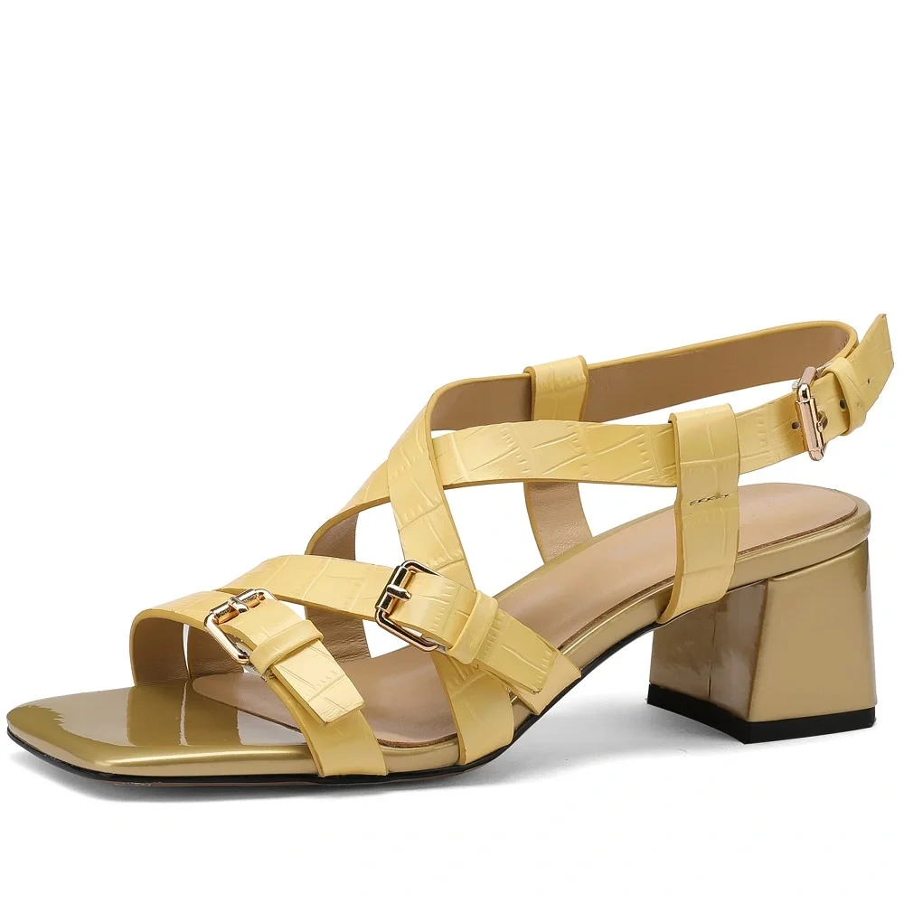Women's Summer New Fashion Slim 5 CM Chunky Heel Genuine Leather Buckle Open Toe Open Back Soild Color Gladiator Sandals 50616
