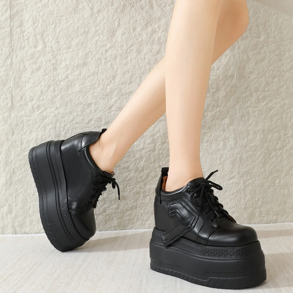 Women's Autumn Genuine Leather Round Toe Lace-Up Casual Shoes 12CM Inner Heightening Sole Solid Color Platform Sneakers 50903