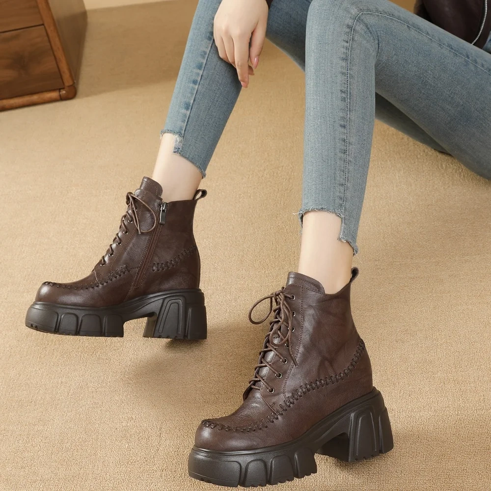 Sewing Genuine Leather 10 CM Block Heel Autumn Winter New British Style Retro Side Zipper Chunky Sole Platform Boots 51017