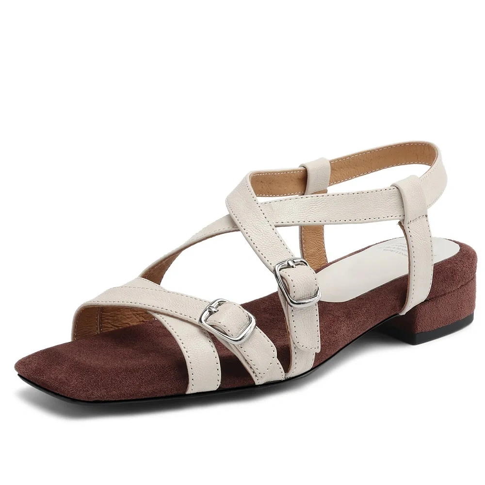 Women's Summer 2.5 CM Block Heel Genuine Sheep Leather Square Toe Gladiator Straps Buckle Slip-On Open Toe & Back Sandals 50617