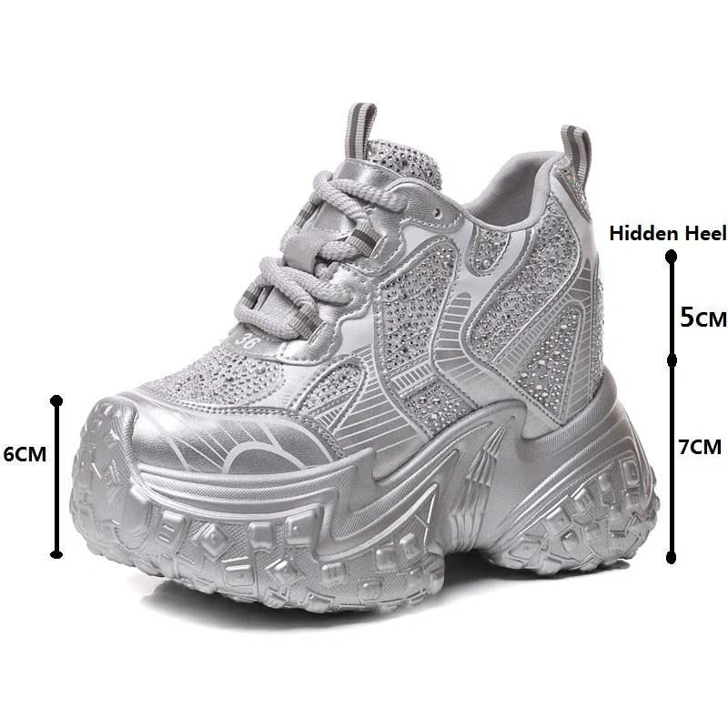 Ladies 12CM Heels Platform Thick Soled Real Leather Sneakers New Spring Autumn Style Rhinestone Color Block Casual Low Cut Shoes