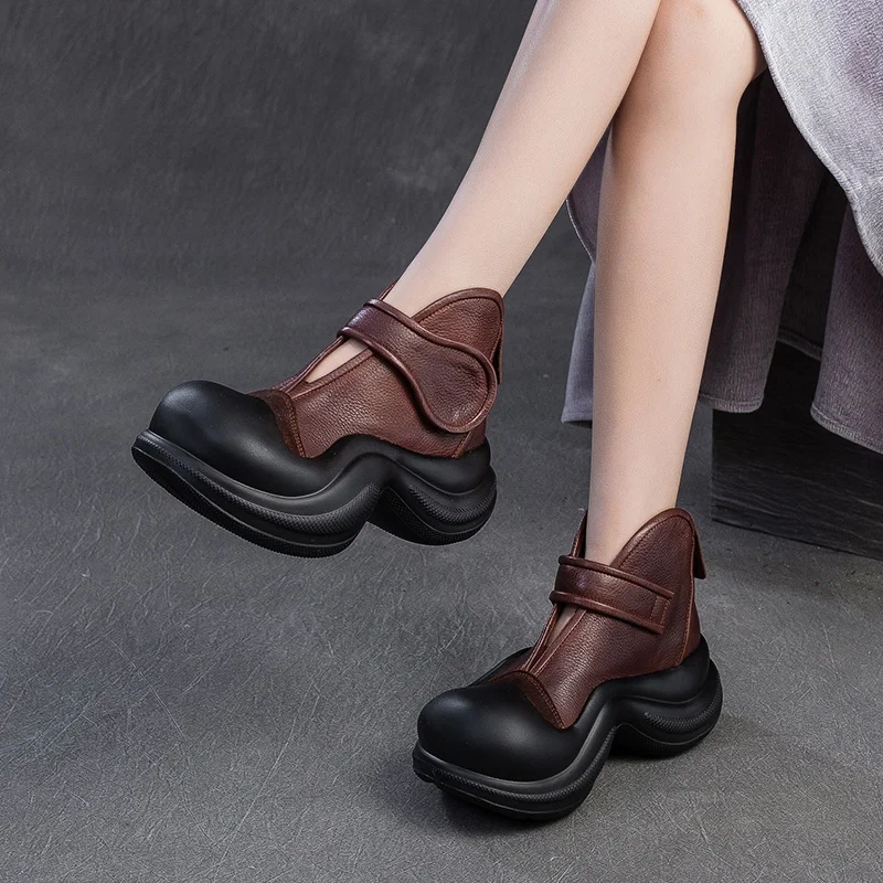 Women's Spring Summer Slim Fit 5.5CM Thick Sole Round-Toe Genuine Leather Solid Color Slip-On Hook & Loop Straps Shoes 50703