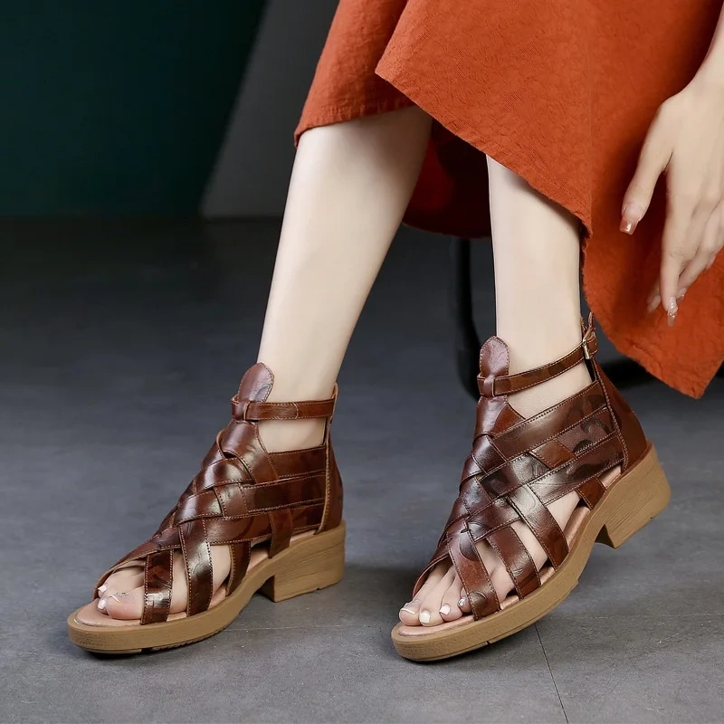 Summer New British Style Retro Thick Heels Peep Toe Narrow Band Cut Out Genuine Leather Women Ankle Short Gladiator Boots 2404